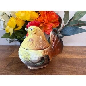 Vintage Japan Hen Sugar Bowl Rooster Shaker Lid Farmhouse Kitsch Decor Farmcore‎